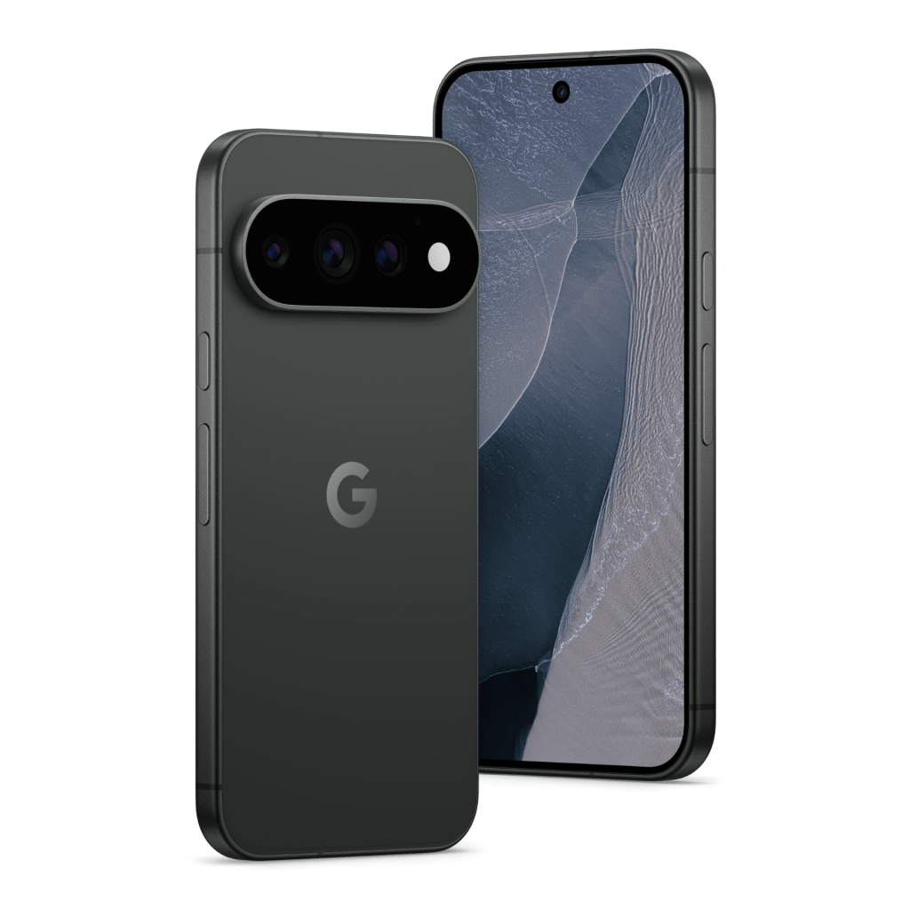 A Google smartphone showcasing the back with triple camera setup and the front display with a minimal bezel, featuring a central punch-hole camera.