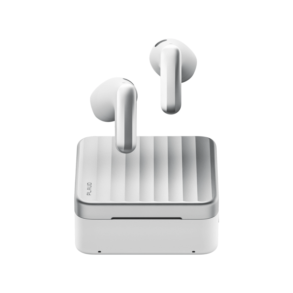 Wireless earbuds positioned above their charging case with a sleek design.
