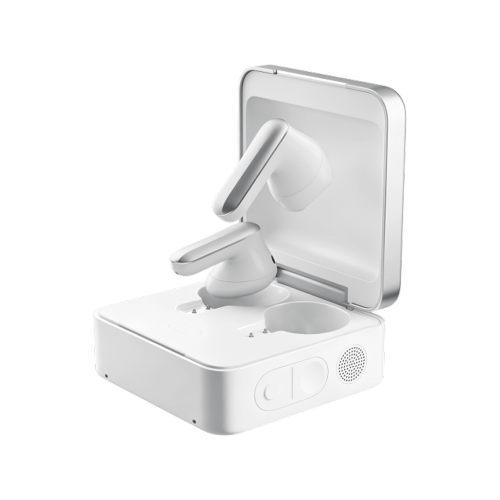 A pair of wireless earbuds partially out of their charging case, showcasing a sleek white and silver design.