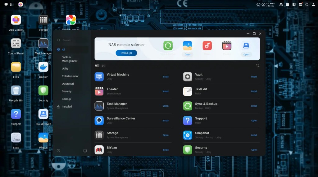 Screenshot of a desktop interface showing various applications and tools for NAS management, including a section for installing common software with options like Virtual Machine, Task Manager, and Security.