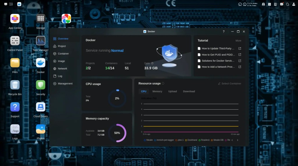 Screenshot of a Docker interface displaying service status, CPU usage, and memory capacity metrics on a technology-themed background.