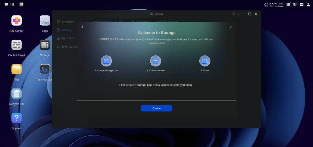 Welcome screen for storage management in UGREEN NAS, featuring steps to create a storage pool and volume.