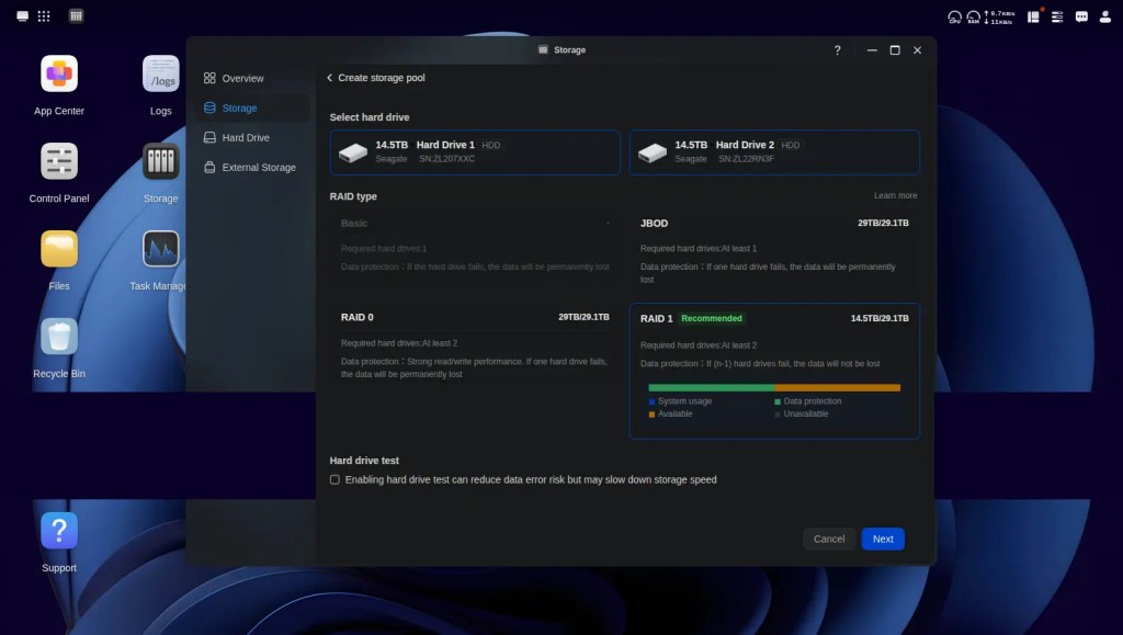 A computer screen displaying the 'Create storage pool' interface, with options to select hard drives, RAID types, and information about data protection.