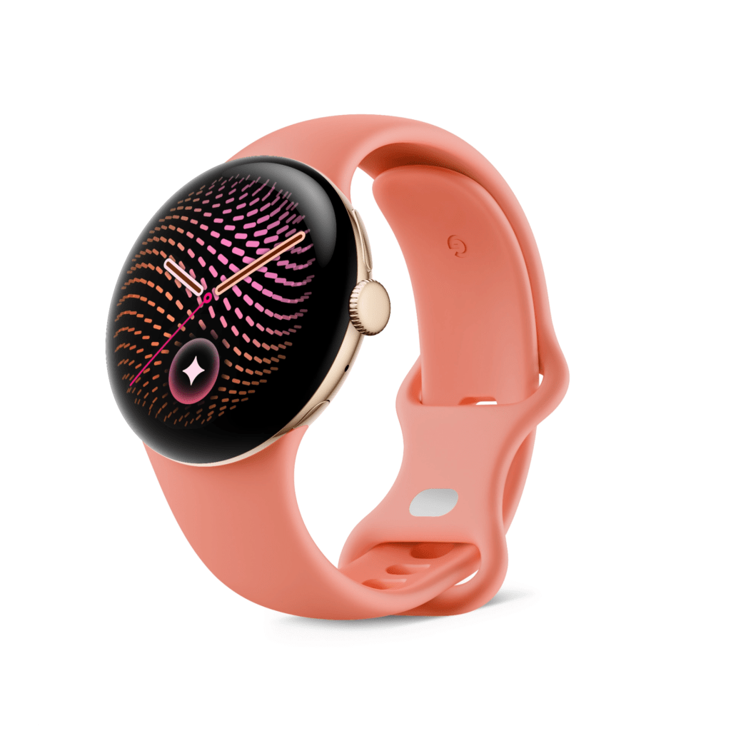 A stylish smartwatch with a vibrant black round face displaying colorful wave patterns, set on a soft pink silicone strap.