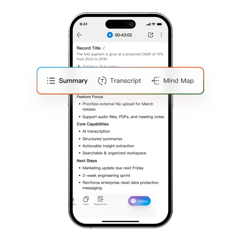 A smartphone displaying a project management app with options for Summary, Transcript, and Mind Map, along with a visible record title and detailed notes on feature focus, core capabilities, and next steps.