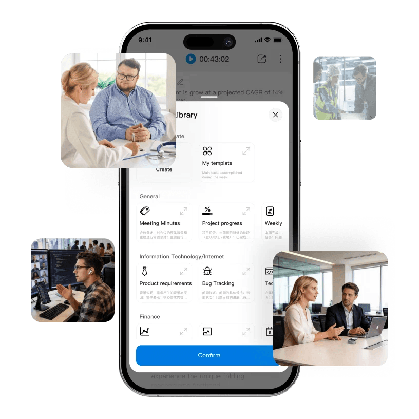 A smartphone displaying a project management app interface with options for meeting minutes, project progress, and task management. Images of people collaborating in different work settings surround the phone.
