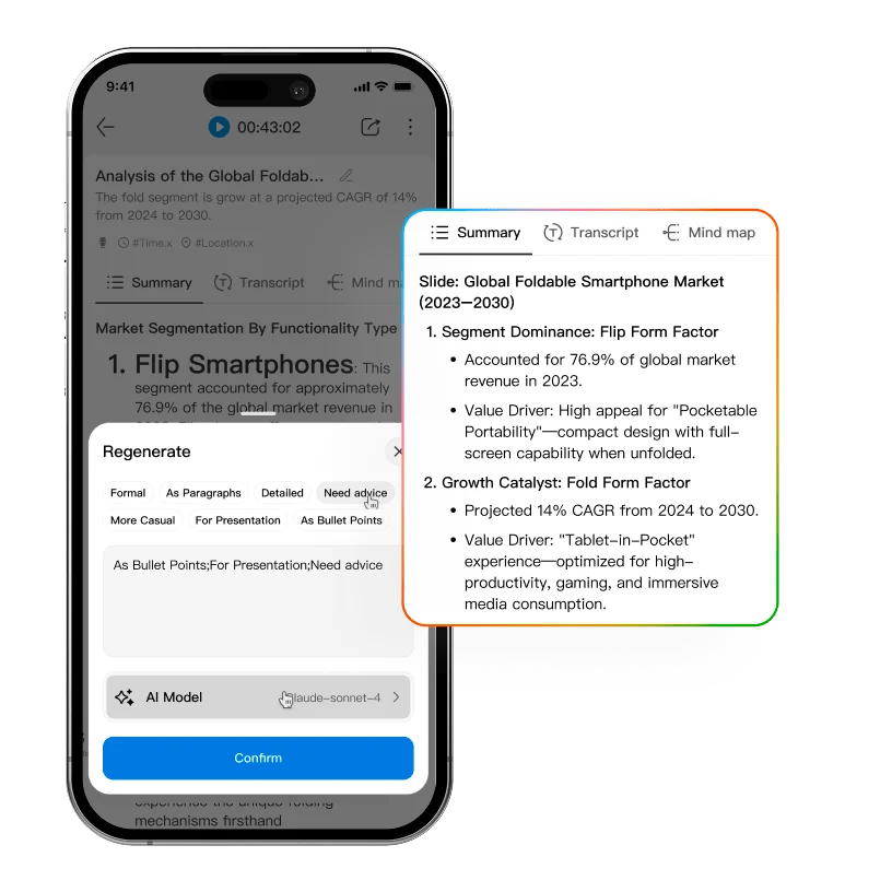An image of a smartphone displaying a market analysis of the global foldable smartphone market, highlighting segment dominance and growth catalyst with bullet points.