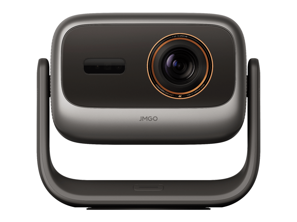 A modern camera device with a black and gray design, featuring a prominent lens with an orange ring and a sturdy handle.