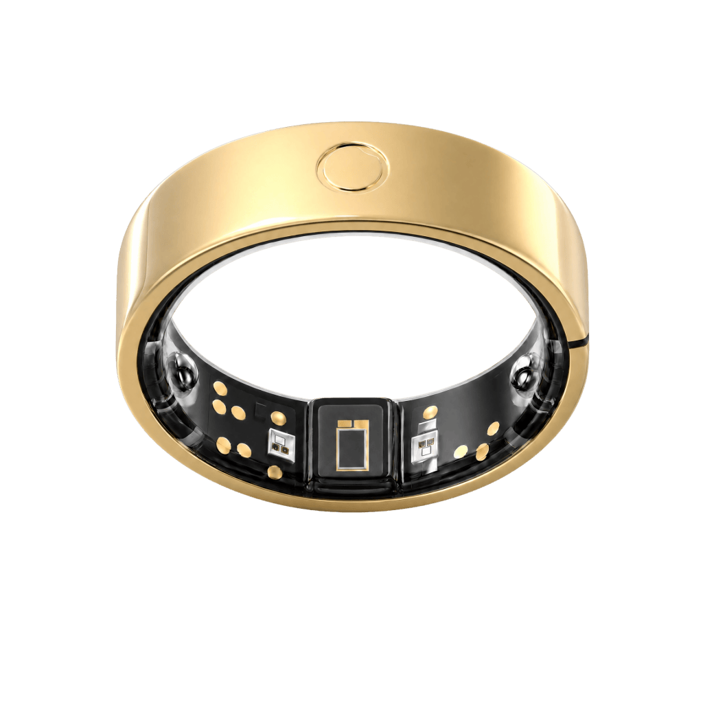 A sleek gold smart ring featuring a smooth exterior and embedded sensors for health tracking.