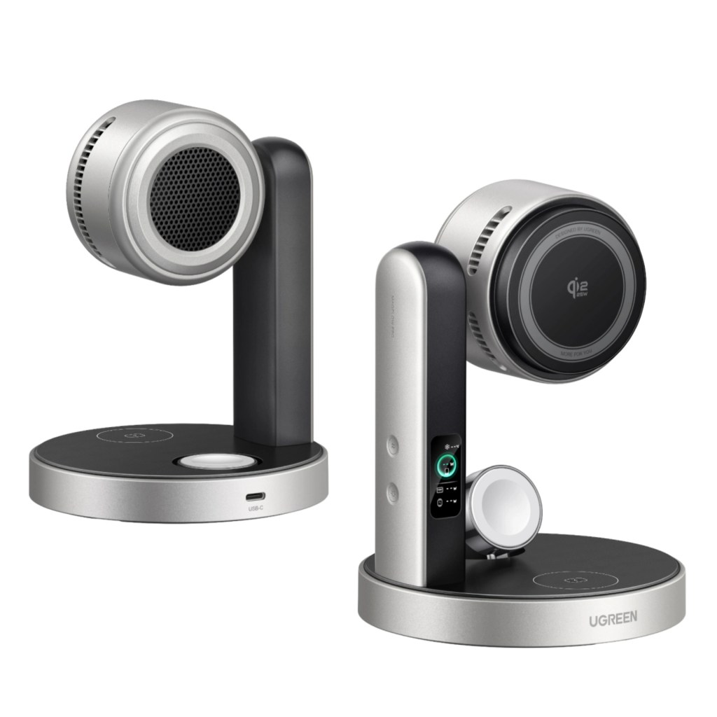 A modern Ugreen wireless charging stand featuring an adjustable microphone, with a sleek design and a USB-C port on the base.