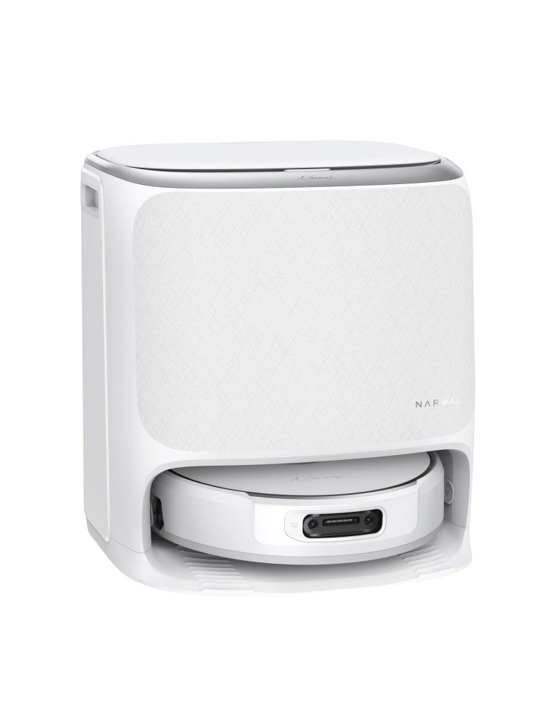 A white robotic vacuum cleaner with an enclosed base for self-cleaning and charging.