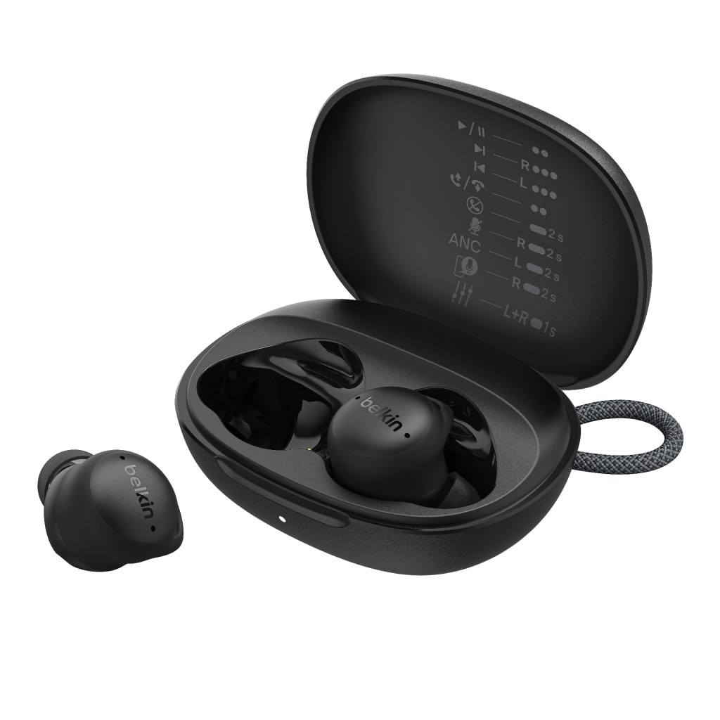 A pair of black wireless earbuds in an open charging case, showcasing the earbuds and control indicators inside the case.