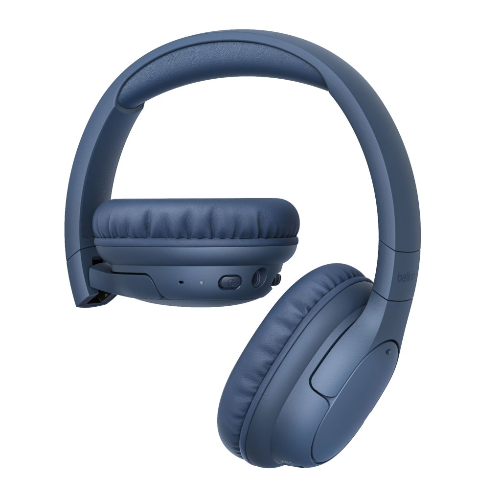 Blue wireless headphones with cushioned ear pads and control buttons.