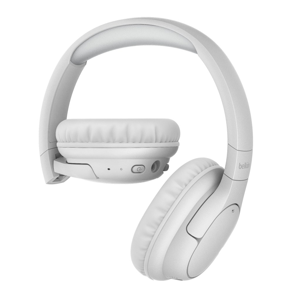 White over-ear headphones with a comfortable padded ear cup and a simple control panel on the side.
