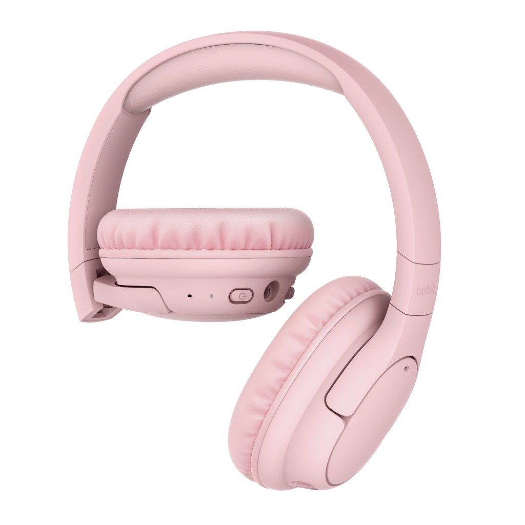 A pair of pink wireless headphones with cushioned ear pads and a sleek design.