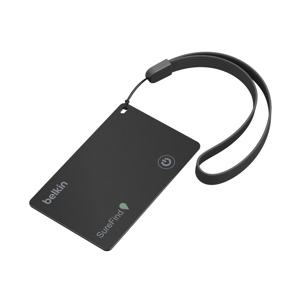 A black Belkin SureFind tracking device with a smooth rectangular shape and a strap for attachment.