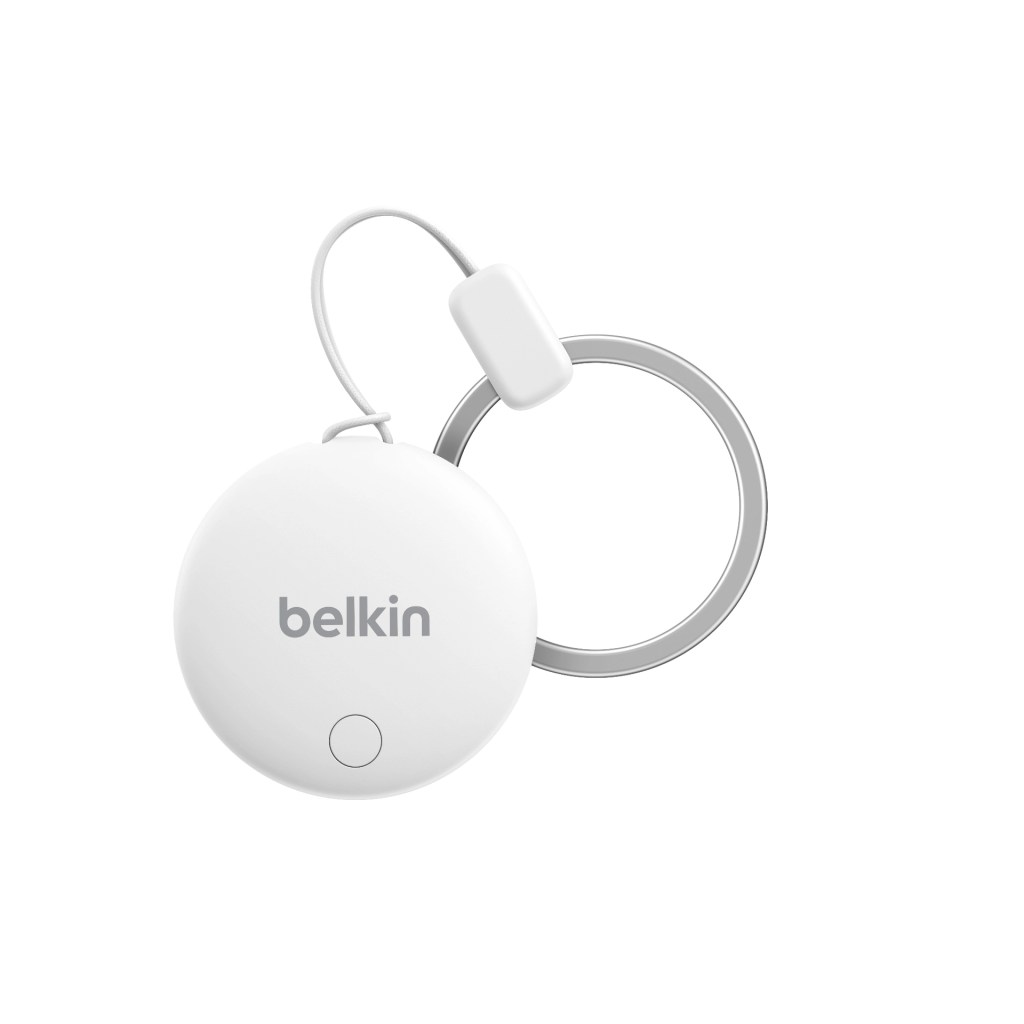 A white Belkin keychain device, featuring a circular shape with a button and a thin loop for attachment.
