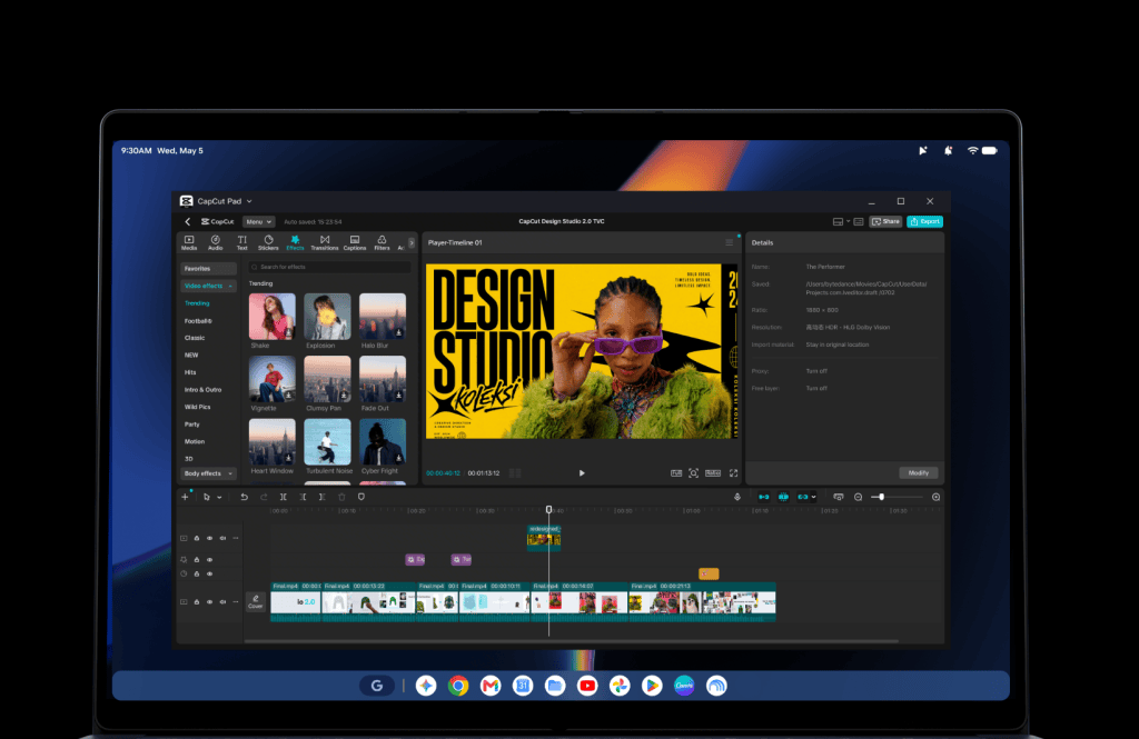 Screenshot of CapCut Pad video editing software interface, displaying various editing tools and a video timeline with media thumbnails and an image preview.
