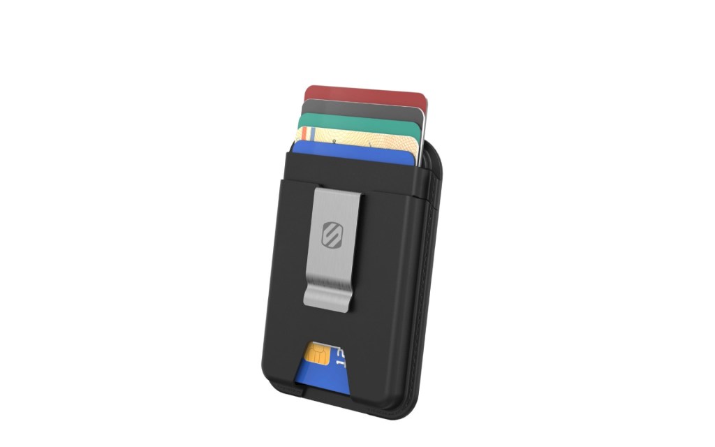 A sleek black wallet with multiple cards partially visible, featuring a metal clip on the back for secure holding.