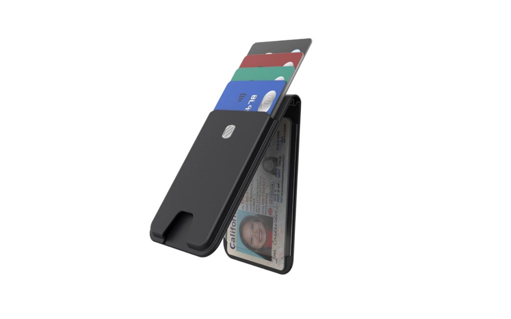 A black cardholder with an open compartment showing multiple cards and an ID inside.
