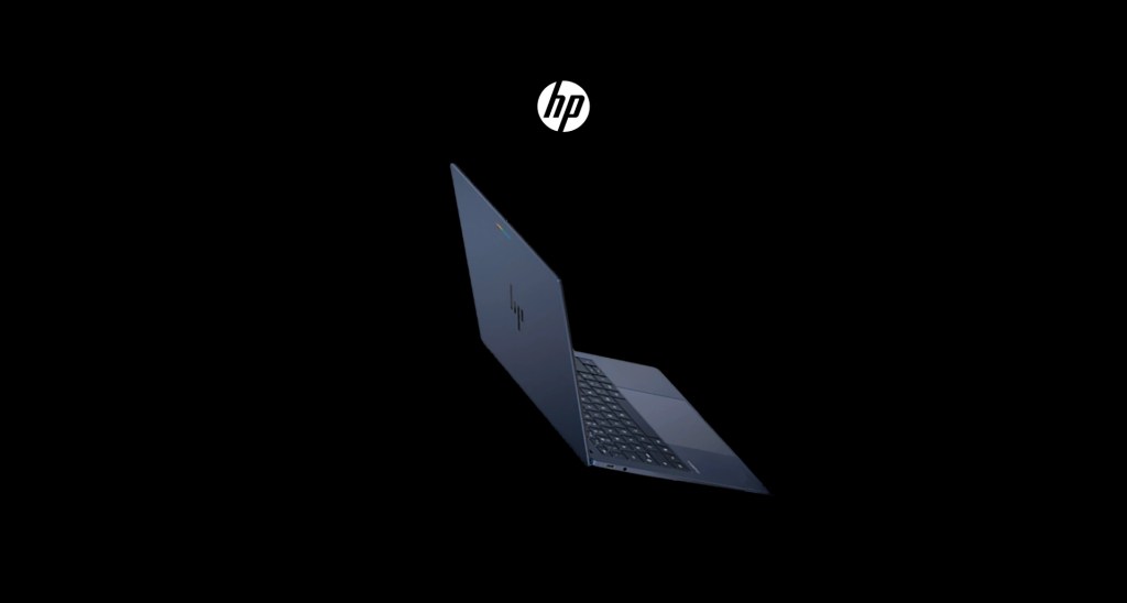 A sleek, open HP laptop set against a black background.