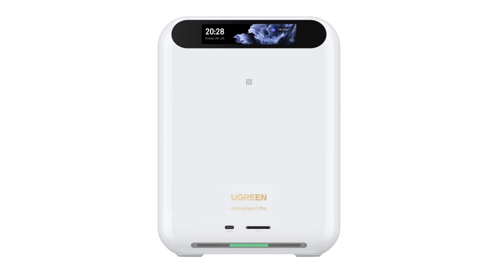 A white UGREEN Smart Home Assistant Pro device featuring a digital display showing the time and date.