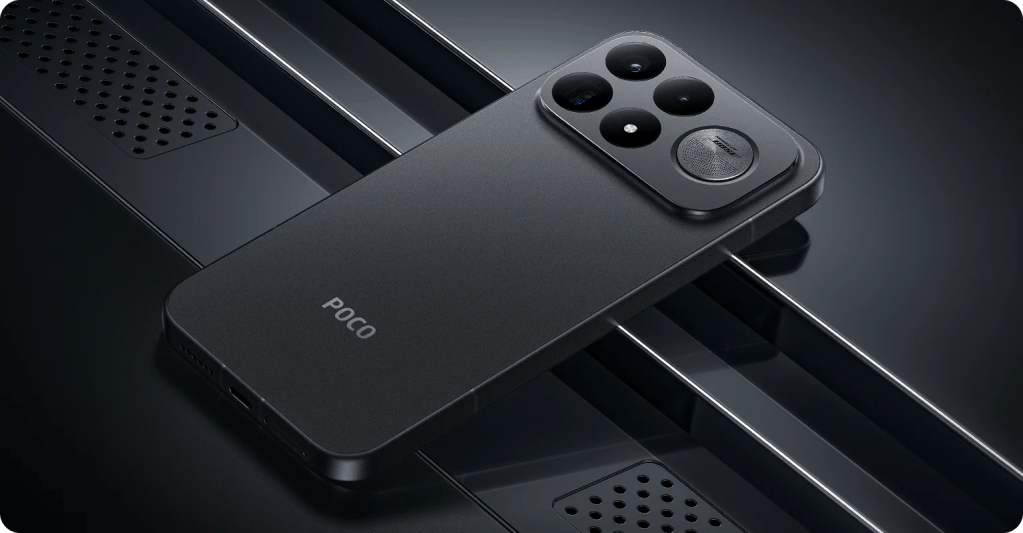 A black smartphone with a triple camera setup, branded as POCO, placed on a dark surface with sleek lines and textures.