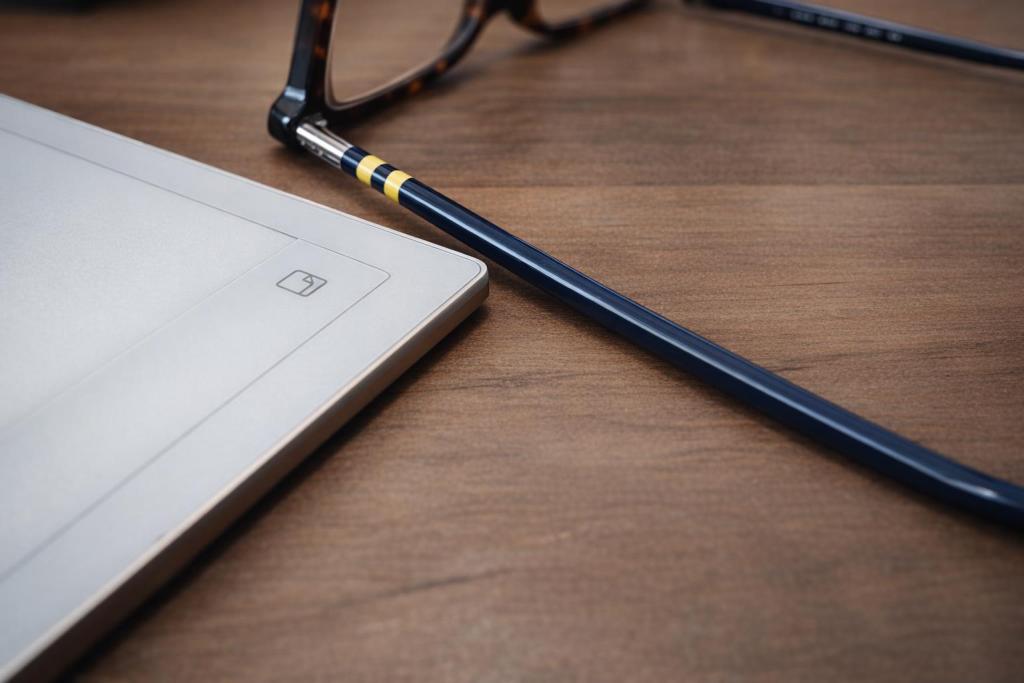 Close-up of a laptop's edge with a power button, a blue pencil, and a pair of eyeglasses resting on a wooden desk.