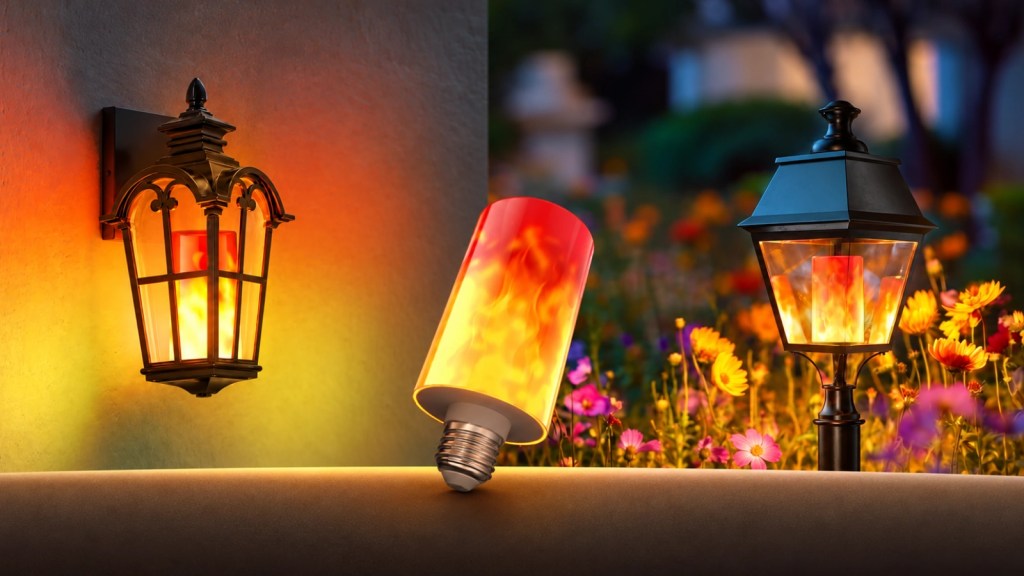 A decorative outdoor light fixture with a flame effect, accompanied by two additional light sources: one resembling a lantern and another a bulb, all against a backdrop of colorful flowers.