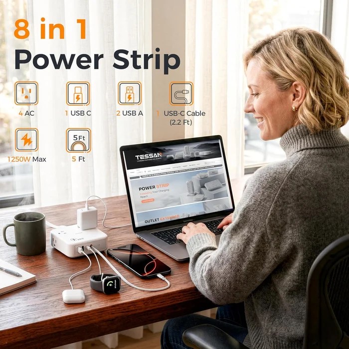 TESSAN 8-in-1 Surge Protector Adds a Retractable USB-C Cable for Clutter-Free Charging