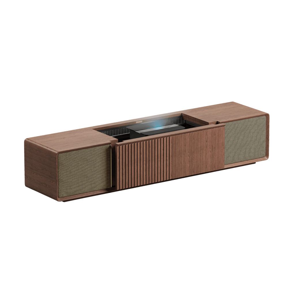 A modern wooden soundbar with a sleek design, featuring fabric-covered speaker grilles and an open top for accessibility.