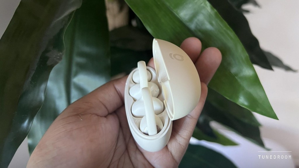 A hand holding an open case of wireless earbuds, with the earbuds visible inside, set against a leafy background.