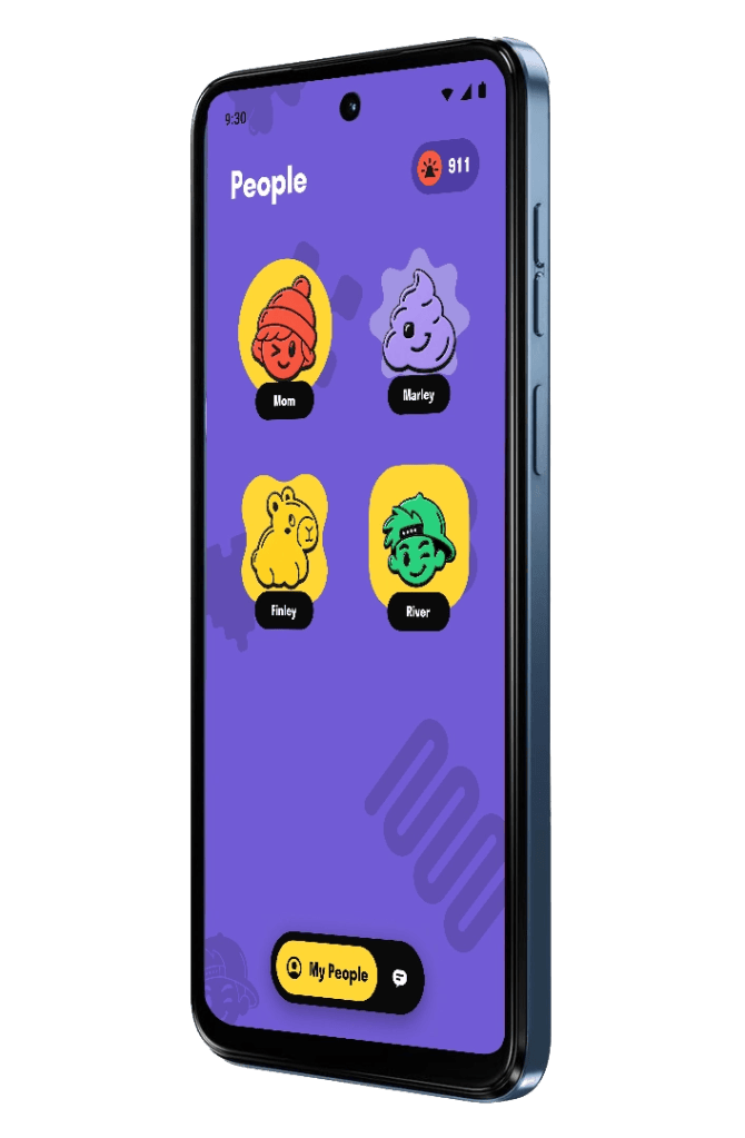 A smartphone displaying a colorful interface titled 'People', featuring cartoon character icons for 'Mom', 'Marley', 'Finley', and 'River', against a purple background.