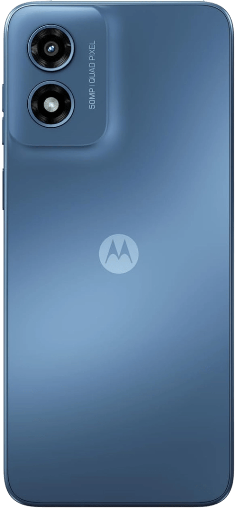 Back view of a blue Motorola smartphone featuring dual rear cameras and a 50MP label.