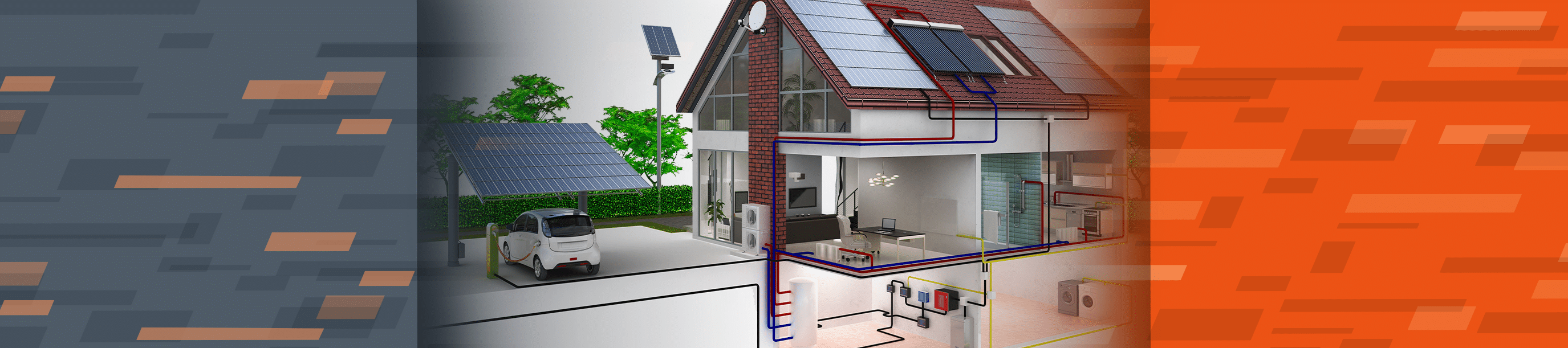 Illustration of a connected home's solar generation, energy storage, and household systems.