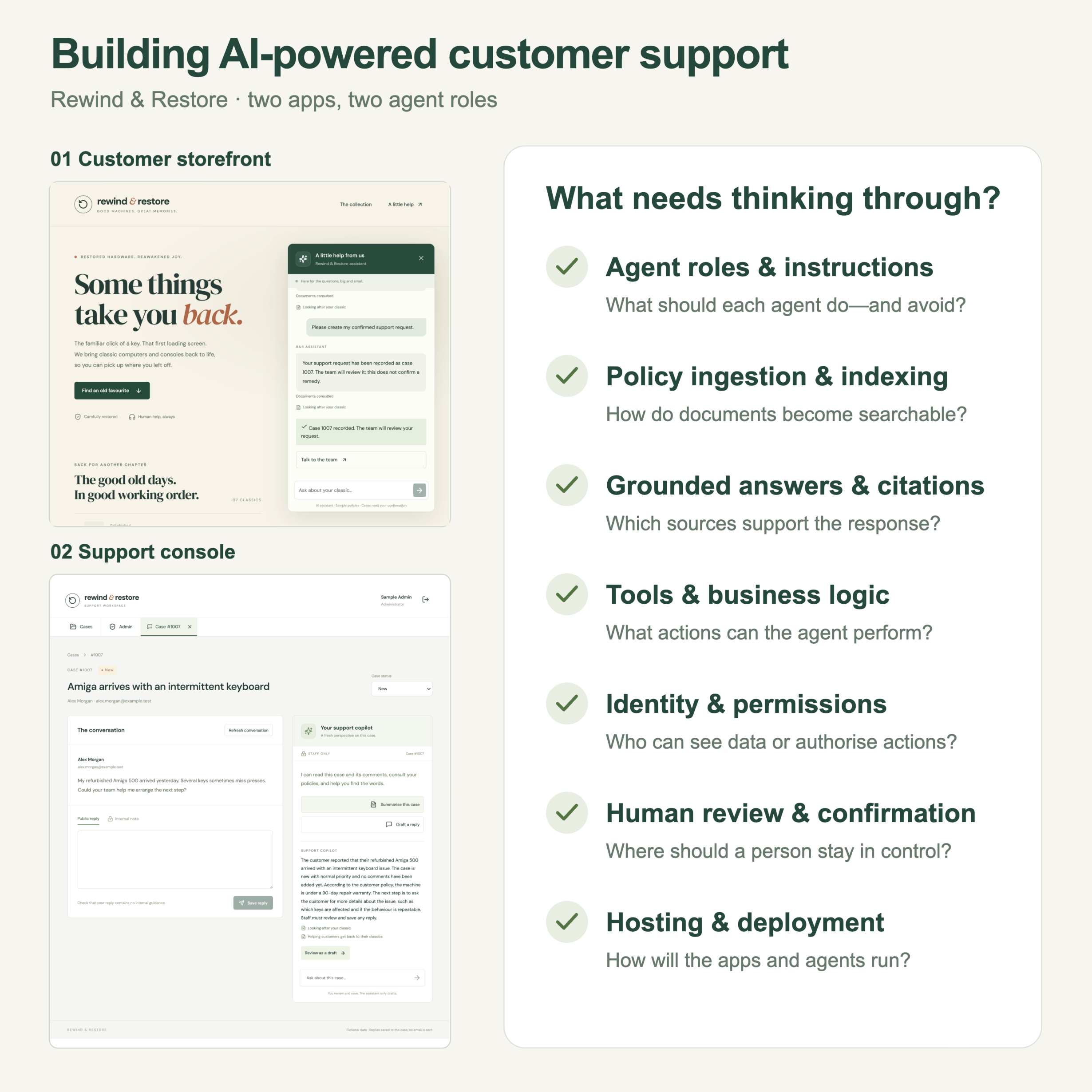 Rewind  Restore’s storefront and support console, with a checklist covering agent roles, policy ingestion, grounded answers, tools, permissions, human review and hosting.