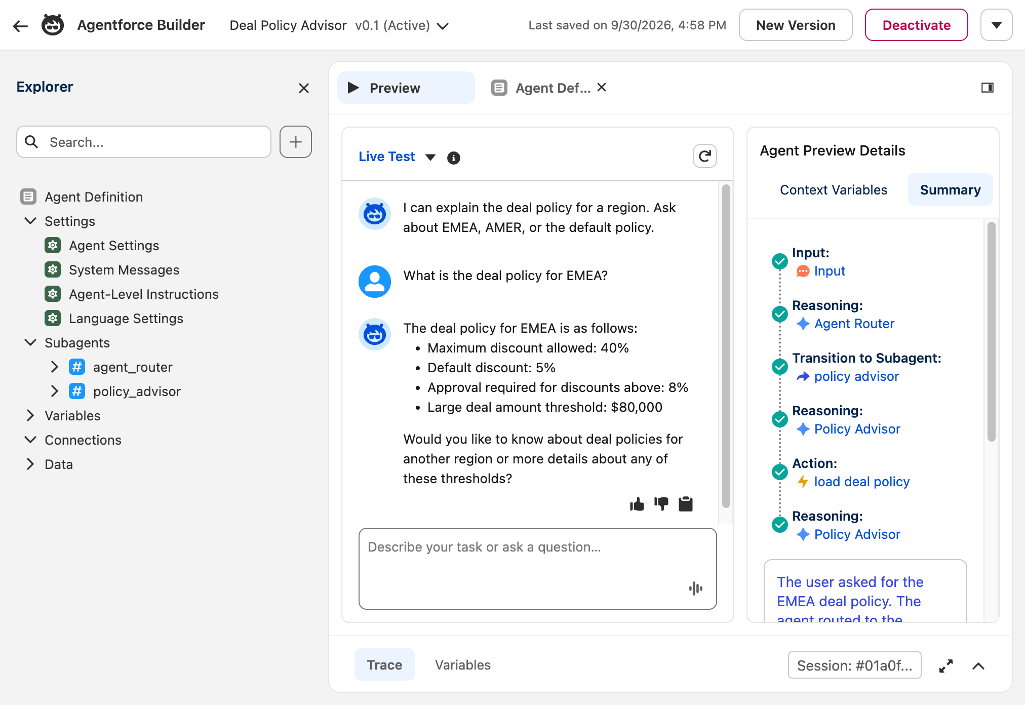 Deal Policy Advisor preview in Agentforce Builder