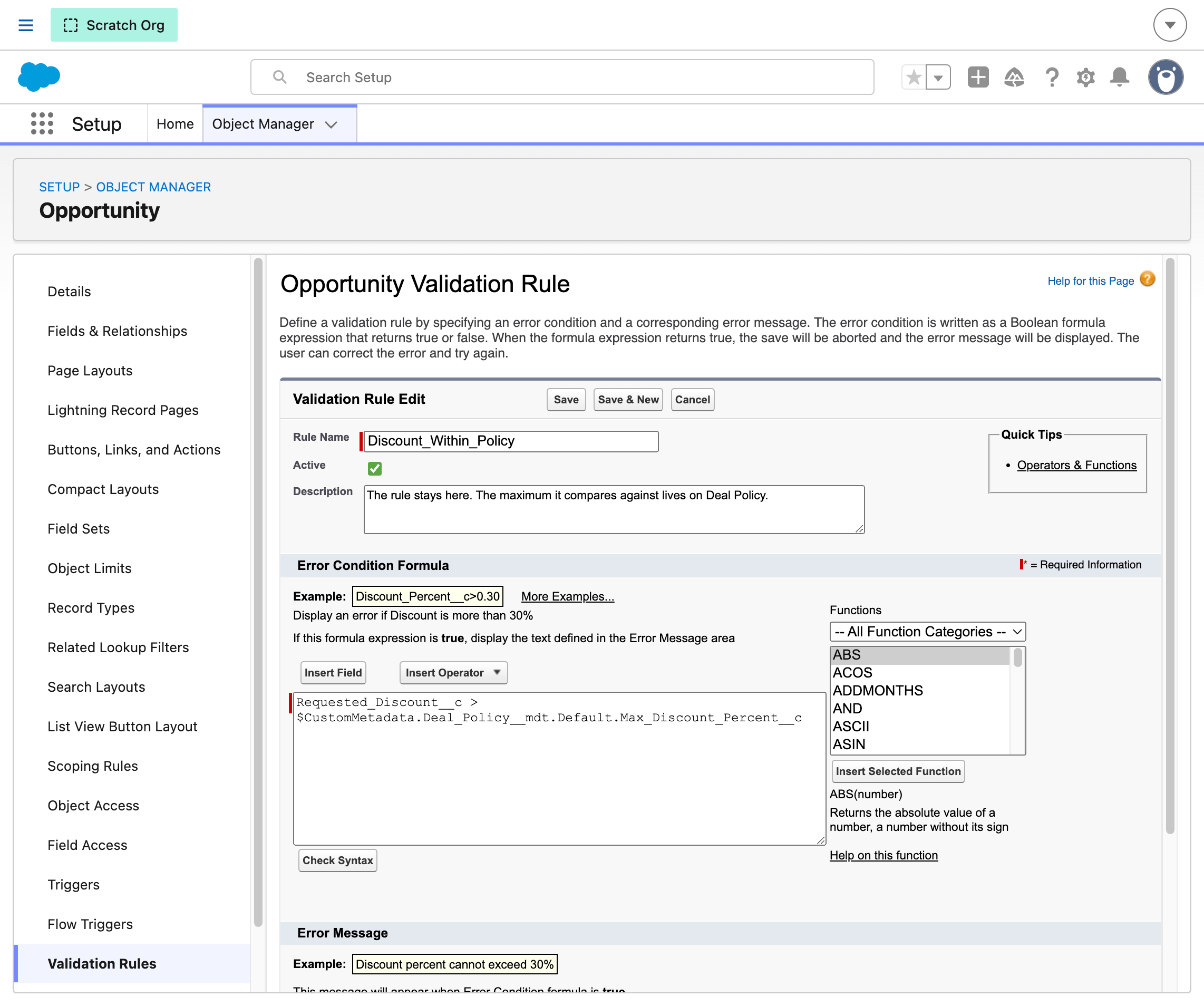 Discount Within Policy validation rule formula in Setup