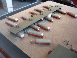 Photo of alternative fueled buses and garage at Stockholm transport museum.