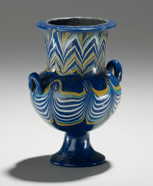 Extremely well-preserved, core-formed, glass vessel from Memphis, Egypt. 1393-1352 BCE, British Museum, EA4741. © The Trustees of the British Museum.