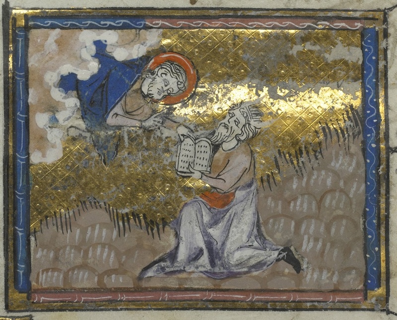 God giving the Tablets of the Law to Moses, from a manuscript attributed to Chrétien Legouais, 1325 CE. Image source: gallica.bnf.fr / Bibliothèque municipal de Rouen.