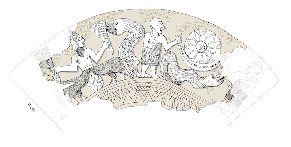 The original line art drawing of the ˁAin Samiya goblet from the records of The Israel Museum. Left scene: chimera grasping stylized plants; upright serpent; small faceless rosette between the legs – a ‘seed’ of the sun. Right scene: two deities raise a crescent-boat beneath a large rosette with human face; thick serpent below. Drawing by Florika Weiner, ©Israel Museum, Jerusalem.