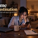 Tired woman staying awake on her phone late at night despite needing sleep, illustrating bedtime procrastination