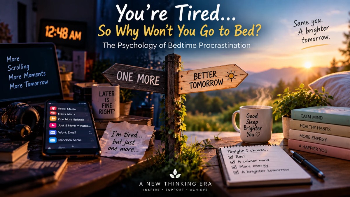 Bedtime procrastination illustrated by the choice between staying up for one more activity and getting enough sleep