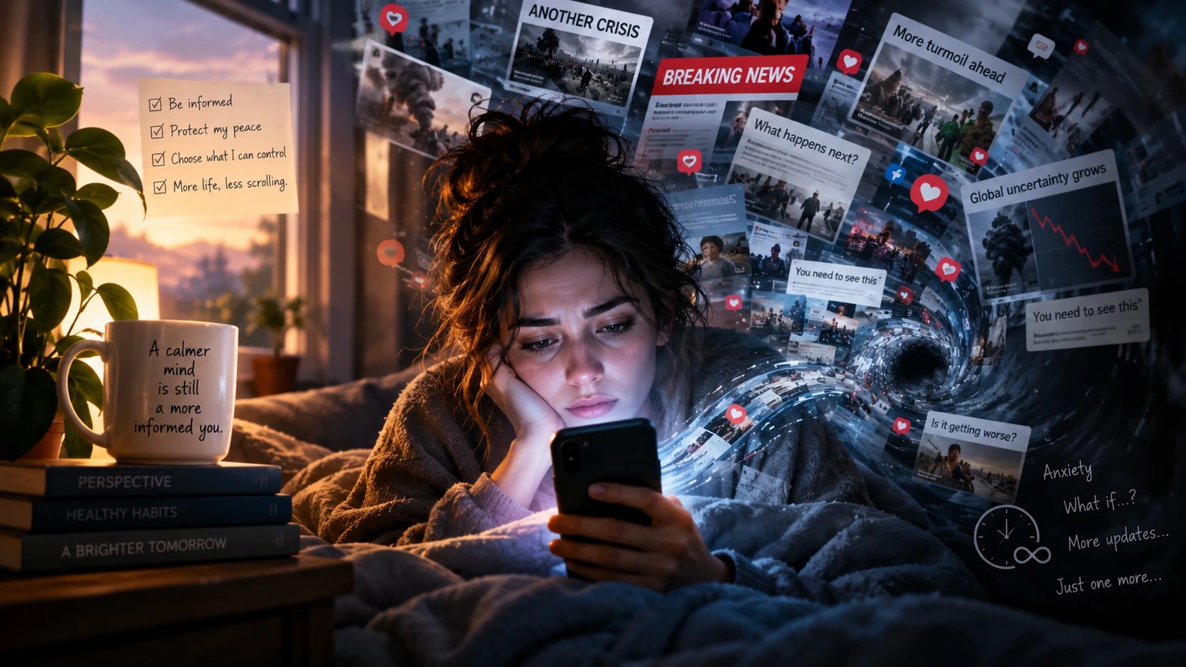 Person doomscrolling through negative news while trying to protect their peace and attention