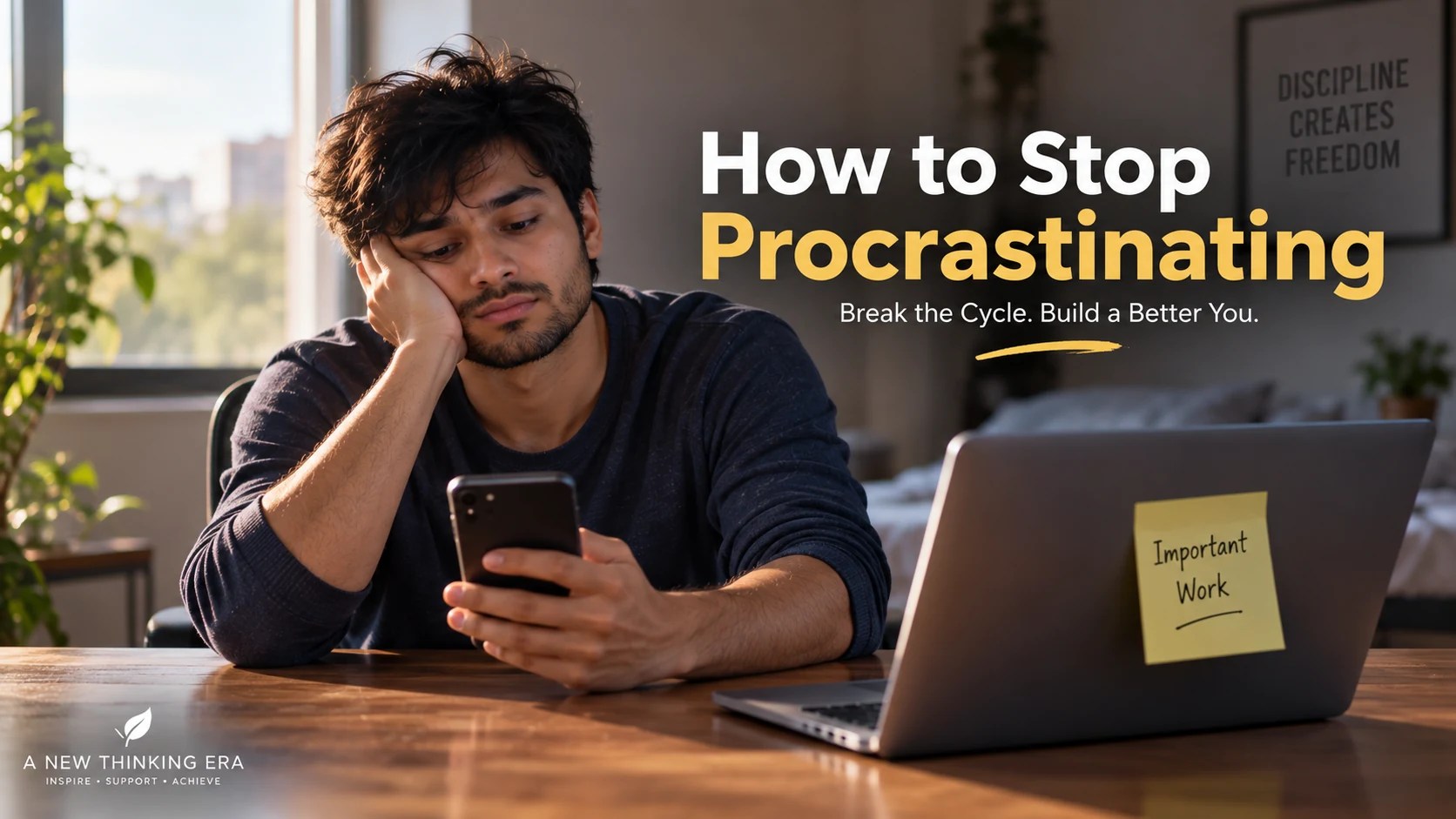 Man scrolling on his phone while important work waits on his laptop, illustrating how to stop procrastination