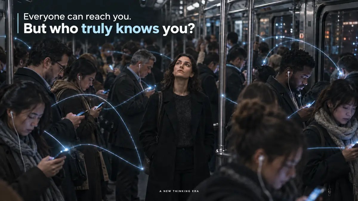 Why do I feel lonely even when connected? A woman looks up while commuters around her remain absorbed in their phones.