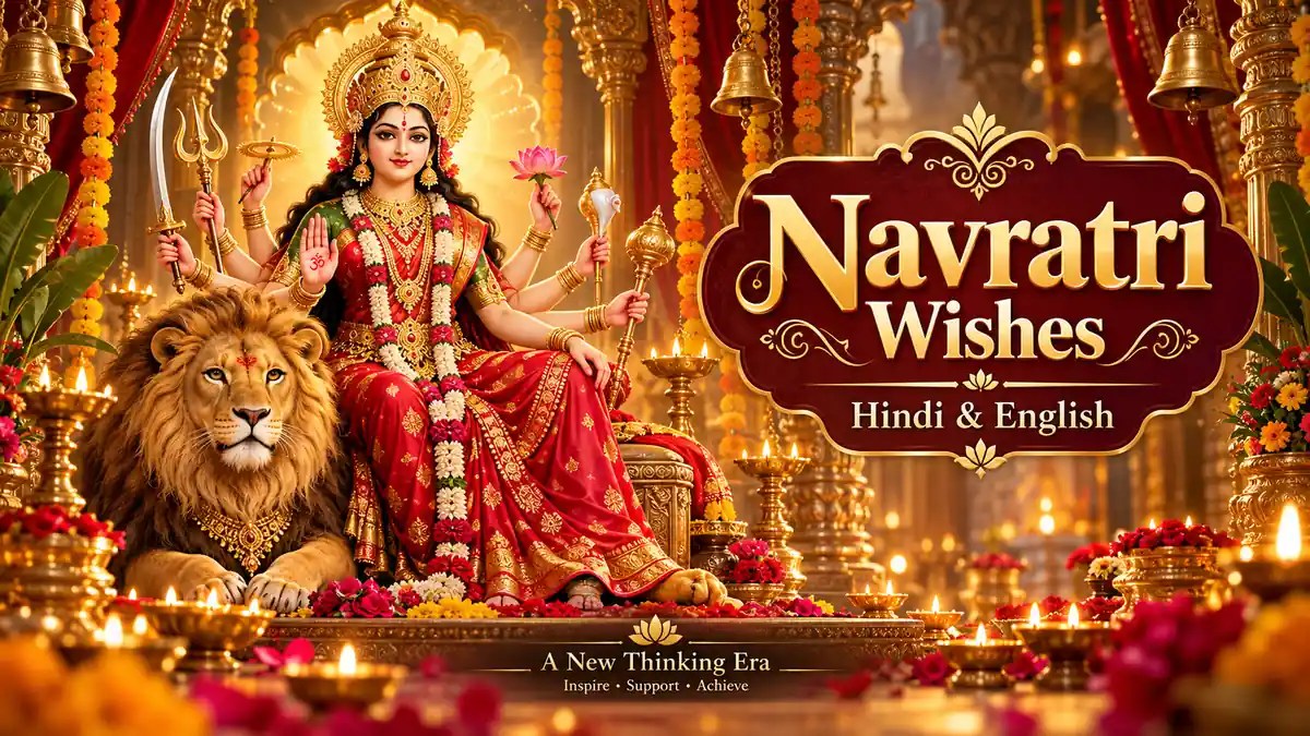 Navratri wishes in Hindi and English featuring Goddess Durga with a lion in a decorated temple