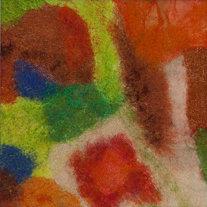 Wool, silk and synthetic fabrics needle felted into canvas. 2016