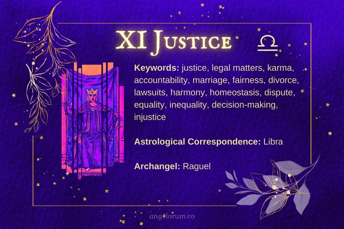 justice angelic tarot card meanings, keywords and correspondences